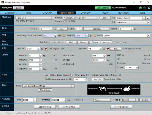 G-Wizard CNC machinist calculator screenshot
